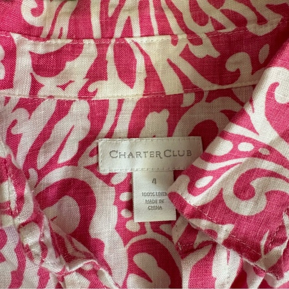 Charter Club 100% Linen Pink White Paisley Button Down Blouse Sz 4 Easter Floral - Picture 3 of 13